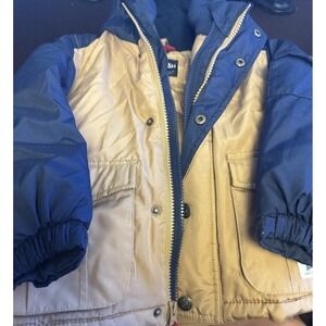 Osh Kosh Boys Jacket Size 3t Puffer Tan And Navy Blue EUC Double Zipper A9
